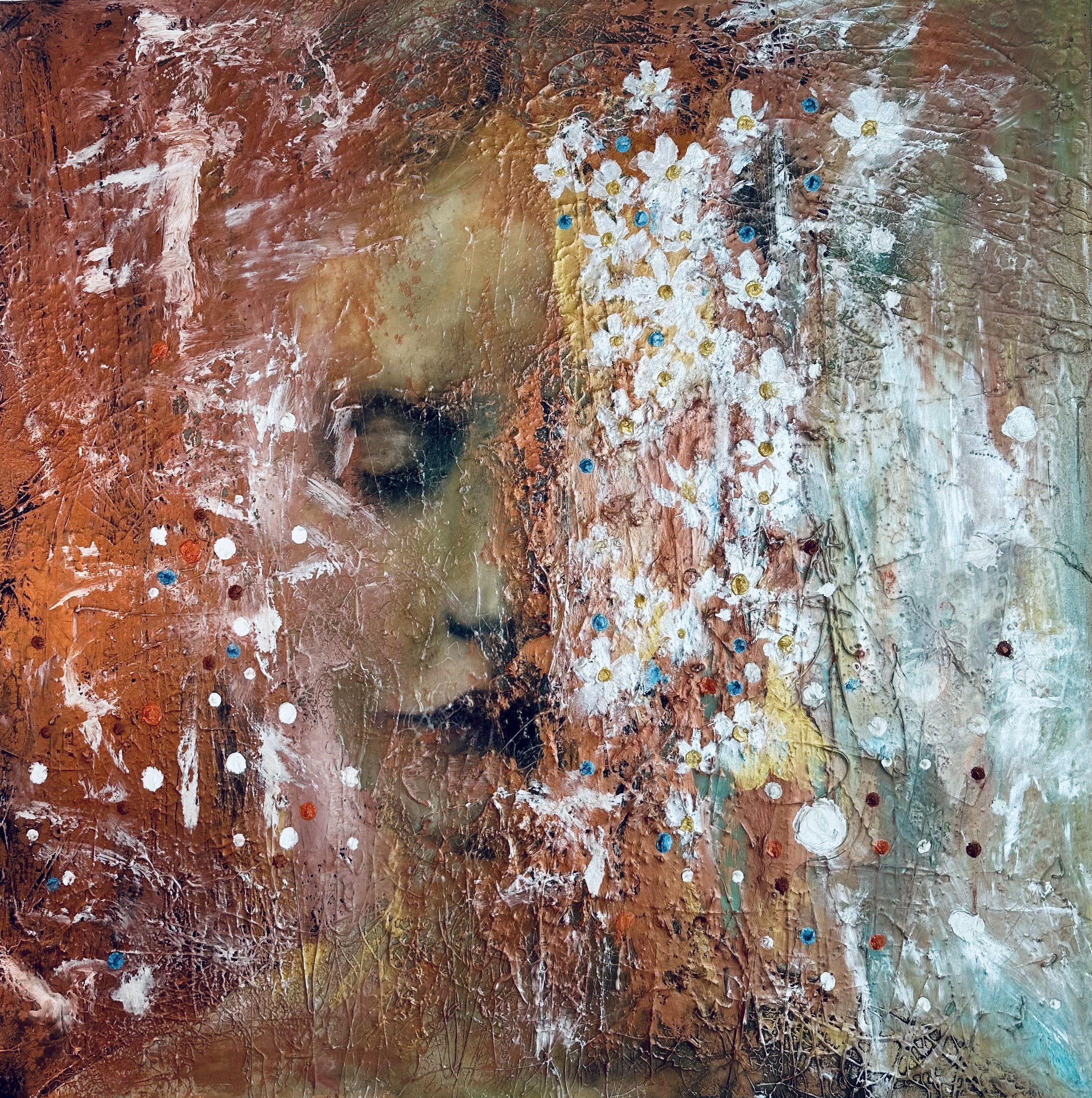 Between Bloom and Silence, 2026 — mixed media (oil, resin, glue) by Hadis Bahrami, 36 × 36 in.